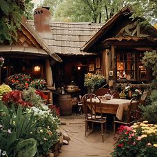 A cozy, rustic cafe that blends traditional and modern elements, set in a beautiful garden filled with flowers and shrubs
