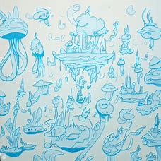 Draw a picture of a magical world filled with floating islands and creatures with different abilities.