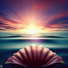 Create an image of a scallop shell with a beautiful ocean sunset in the background.
