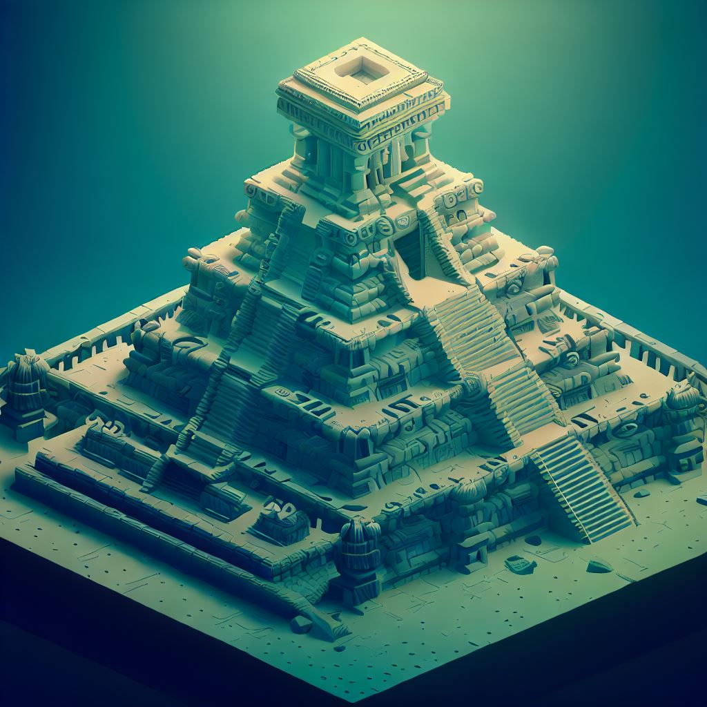 Construct an artistic and detailed representation of an ancient Aztec temple.。第 2 个图像，共 4 个图像