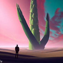 Create a surreal environment with a giant asparagus-like creature as the centerpiece.. Image 1 of 4