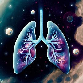 Design a surreal image of a pair of lungs floating in space, surrounded by stars and planets, to emphasize their role as the life-supporting organ.. Image 4 of 4
