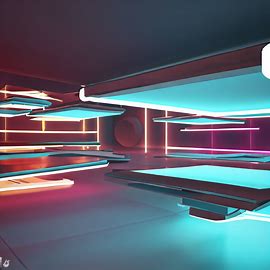 Create an abstract, futuristic restaurant with floating tables and neon lights.. Image 3 of 4