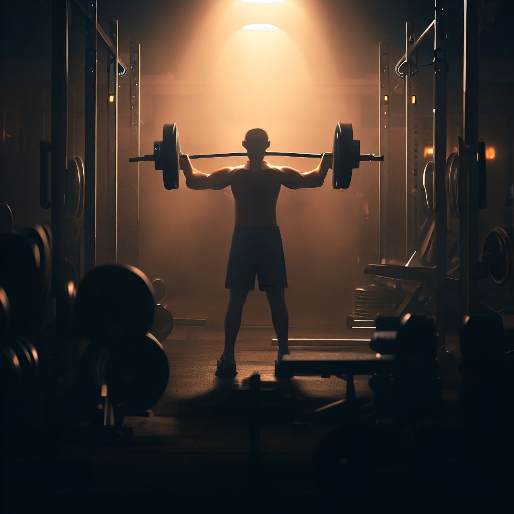 Picture a scene of a person lifting weights in a dimly lit gym, surrounded by weights and strength-training equipment.