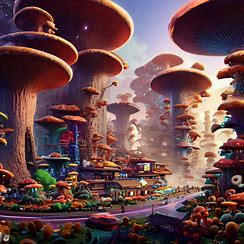 Depict a futuristic city made entirely of mushrooms and other fungi, with tall skyscrapers and bustling traffic.