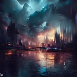 Create an image of a city after a heavy rainstorm.. Image 1 of 4