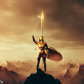 Create an image of a majestic, gold-plated spear held by a proud warrior standing atop a mountain.. Image 3 of 4