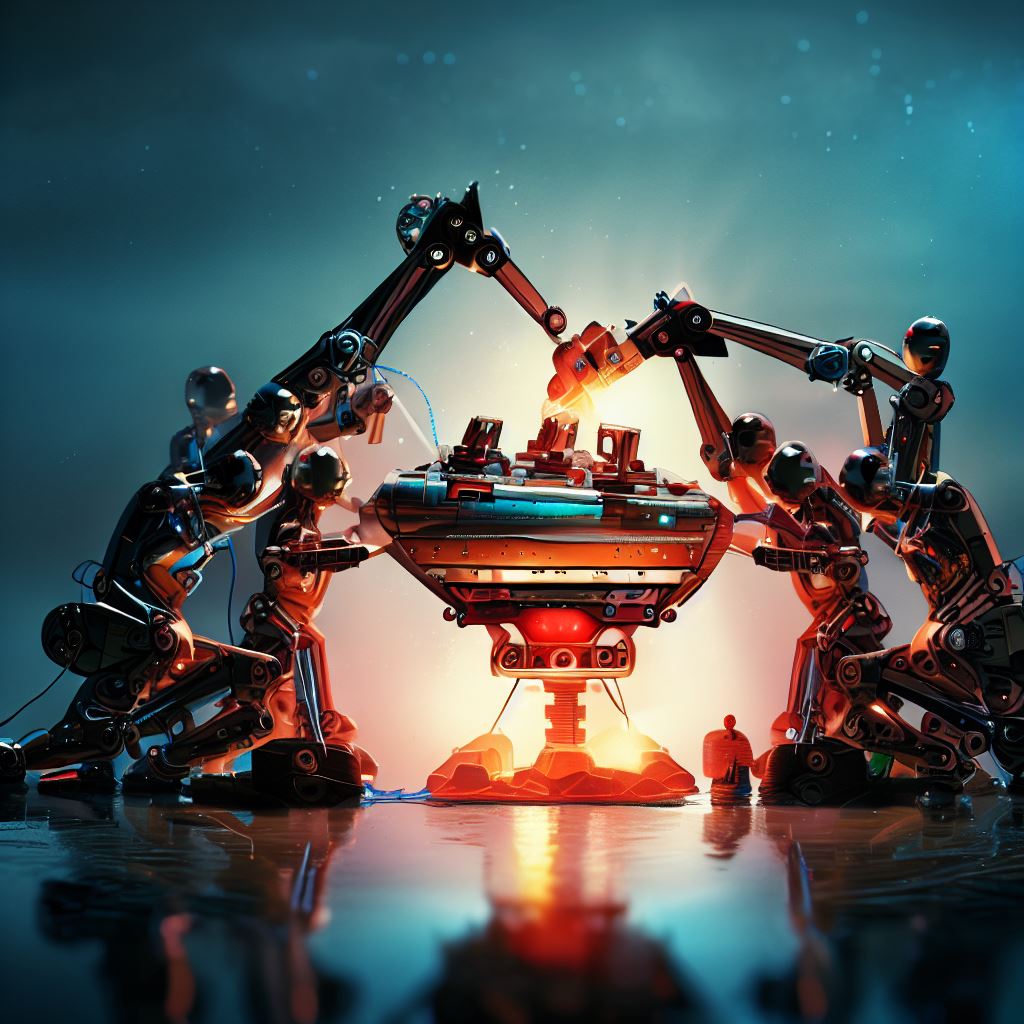 Create an image of a team of robots working together to build a spaceship