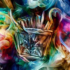 A colorful and artistic representation of a pack of cigarettes encased in a crystal ashtray, surrounded by swirling smoke.