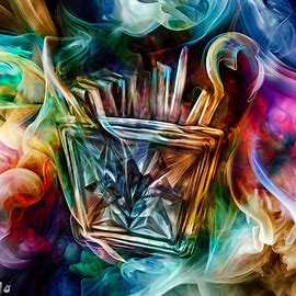 A colorful and artistic representation of a pack of cigarettes encased in a crystal ashtray, surrounded by swirling smoke.. Image 1 of 4