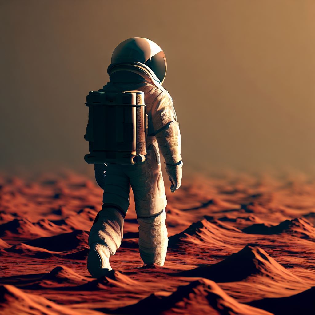 An astronaut walking on Martian soil made of red sand.