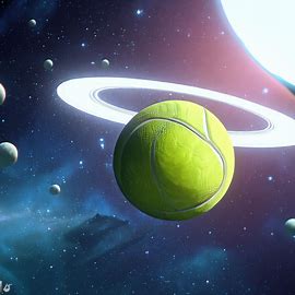 Create a surreal tennis ball floating in space, surrounded by stars and planets. Image 1 of 4