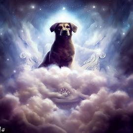 Create an ethereal portrait of a dog sitting on a celestial throne made of clouds.. Image 4 of 4