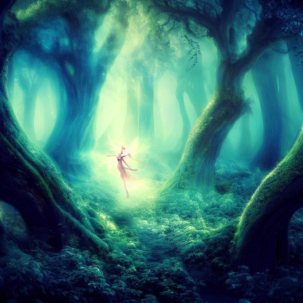 An enchanting magical forest with a fairy running through it.