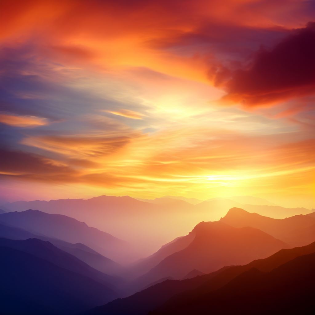 Think of a stunning sun setting behind charismatic clouds, casting an array of warm orange, red and yellow hues over a towering mountain range.