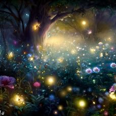 An enchanted garden filled with glowing fairies, sparkling fireflies and buzzing bees