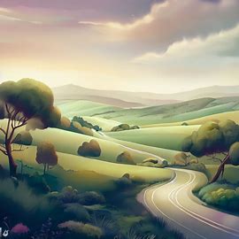 An enchanting illustration of a scenic drive through the rolling hills of Tasmania.. Image 3 of 4
