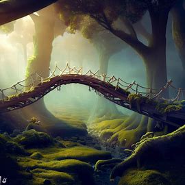 Create a stunning and imaginative bridge in a fairytale forest that connects the forest floor to the treetops.. Image 3 of 4