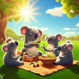 Produce an image of a group of koalas enjoying a picnic at the park on a bright sunny day.. Image 3 of 4