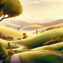 An enchanting illustration of a scenic drive through the rolling hills of Tasmania.. Image 2 of 4