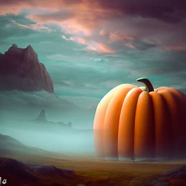 Create a surreal landscape with a giant pumpkin as the centerpiece.. Image 2 of 4