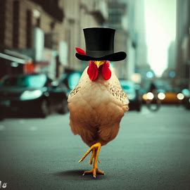 Picture a self-assured chicken wearing a top hat and confidently walking down a busy city street.. Image 1 of 4