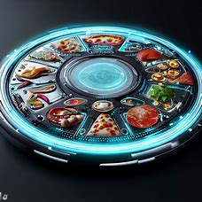 Design a futuristic pizza, including high-tech toppings and a sleek, modern presentation.