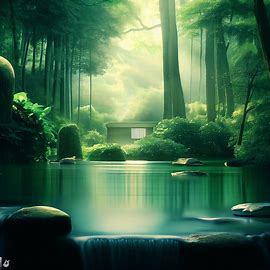 Create an image of a peaceful spa surrounded by a serene and lush forest.. Image 2 of 4