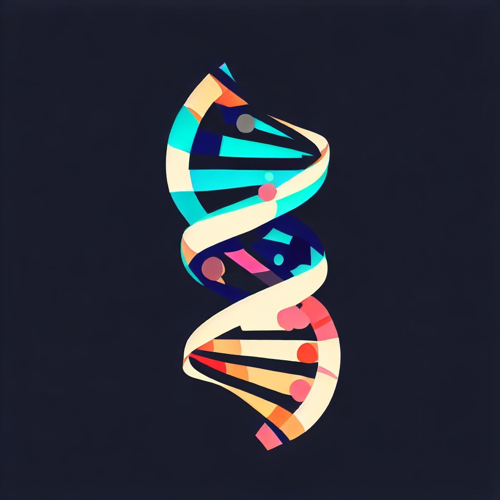 Reimagine the iconic image of the DNA double helix, transforming it into a bold, abstract design reflecting genetic diversity and evolution.