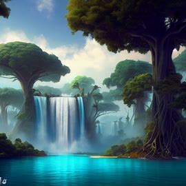 Imagine an island with towering trees and a massive waterfall cascading into a blue lagoon.. Image 2 of 4