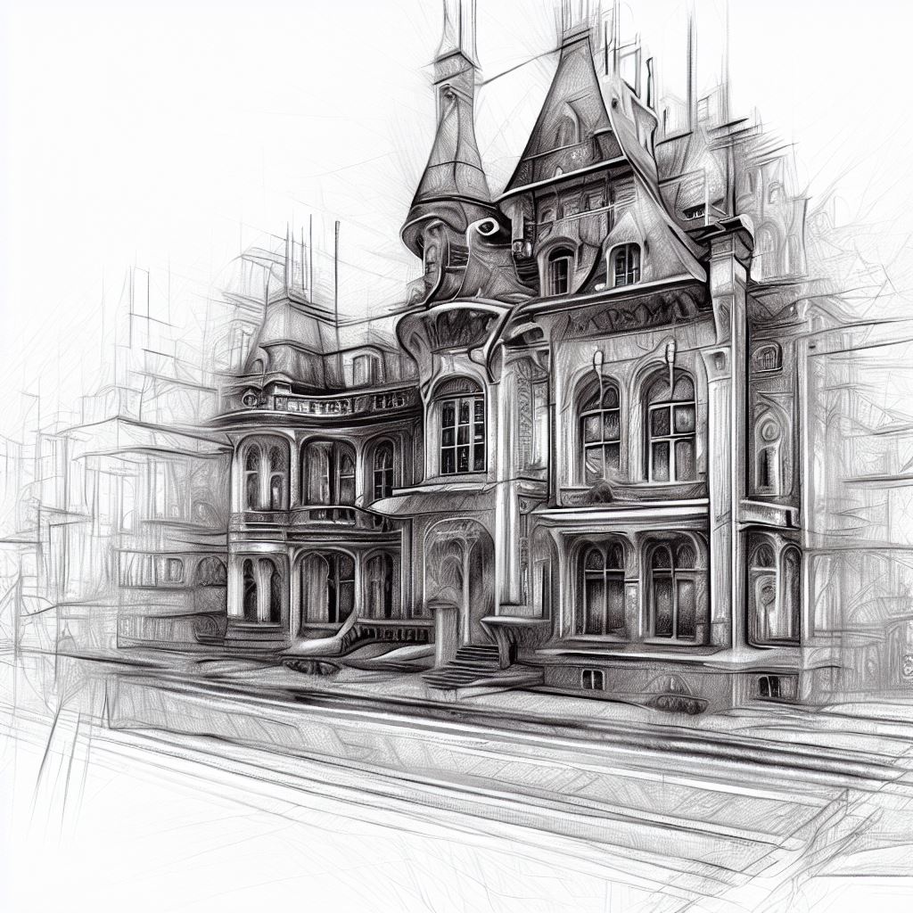 Create a detailed pencil drawing of a historic building with a modern twist.