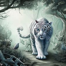 Draw a majestic white tiger walking through a dense forest, surrounded by animals and trees.