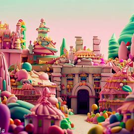 Imagine a whimsical world where every building is made of candy and sweets. Show me a snapshot of the bustling city of 'Candy Preston. Image 1 of 4