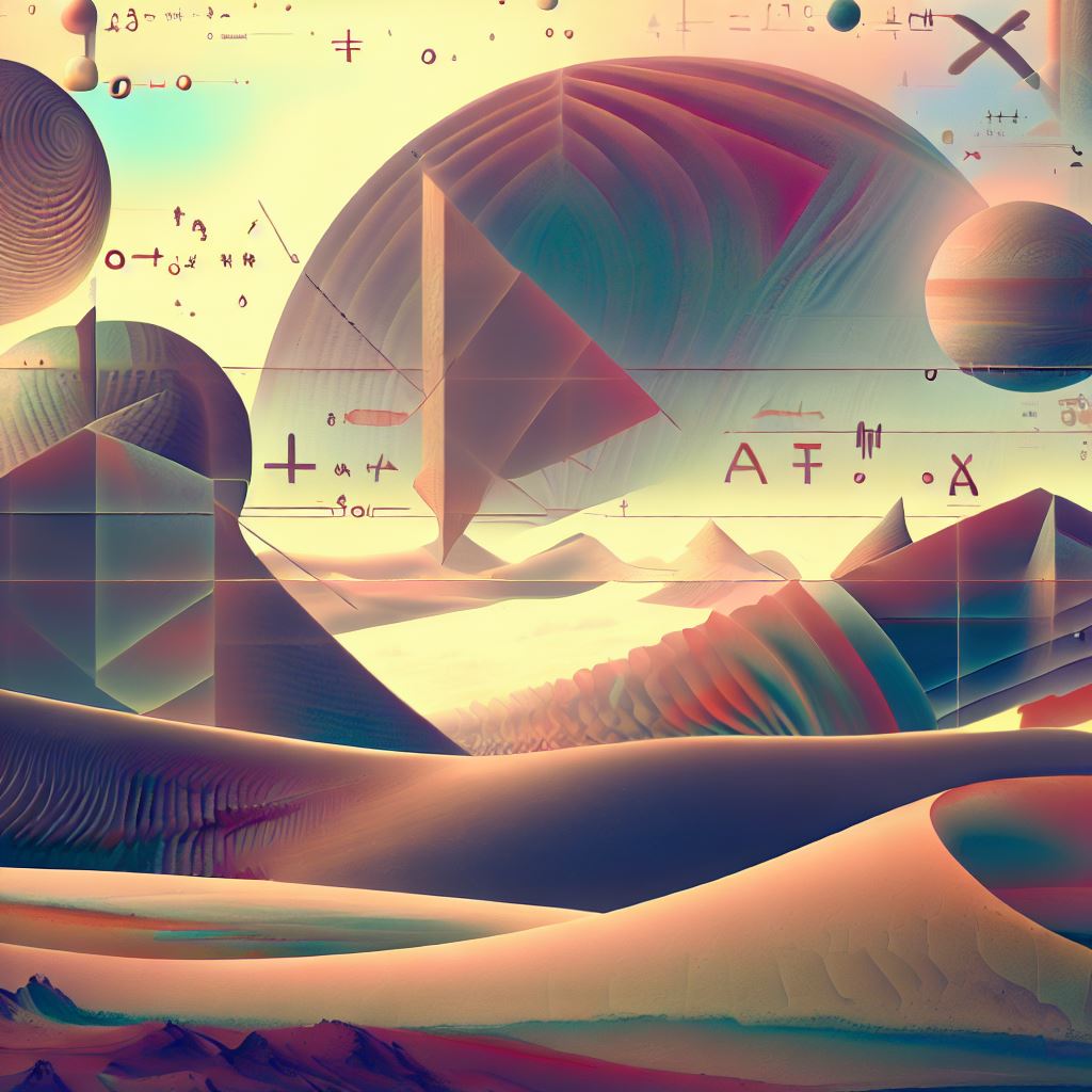 Make an image of a surreal landscape filled with mathematical shapes and patterns.