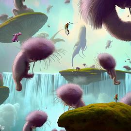 A surreal landscape depicting lice in a fantastical world, complete with floating islands, waterfalls, and whimsical creatures.. Image 4 of 4