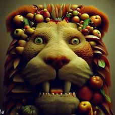 Craft a surreal image of a lion that's made entirely out of different types of fruit.