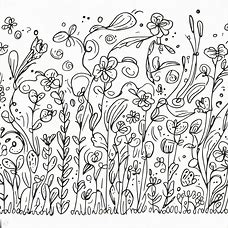 Draw a whimsical garden filled with flowers and vegetables, their stems and leaves gently waving in the breeze, surrounded by a profusion of different seeds scattered across the soil.