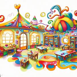 Draw a whimsical illustration of a colorful, imaginative kindergarten classroom.. Image 3 of 4