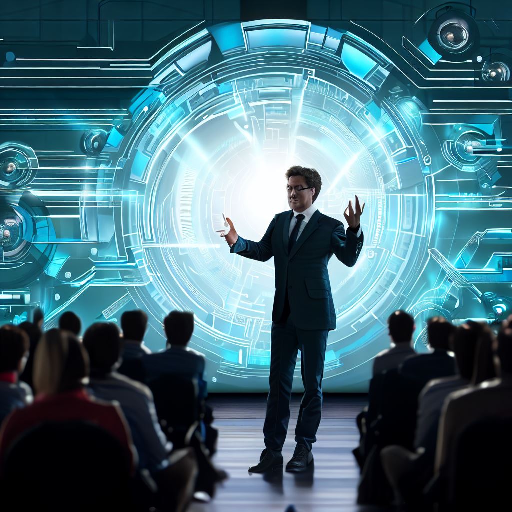 Create an image of an executive presenting a futuristic business plan in front of an impressed audience.