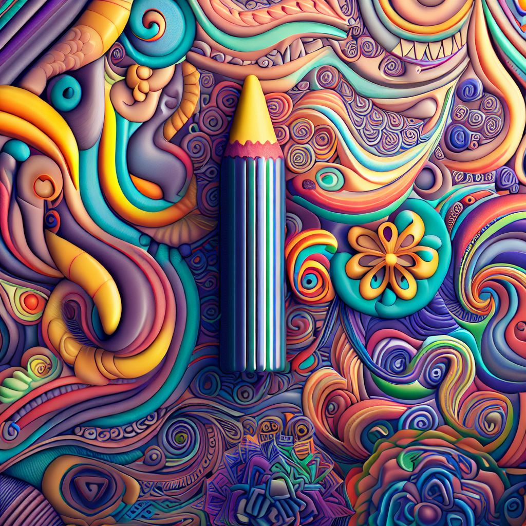 Create a unique and whimsical scene featuring a crayon, surrounded by intricate and colorful patterns.