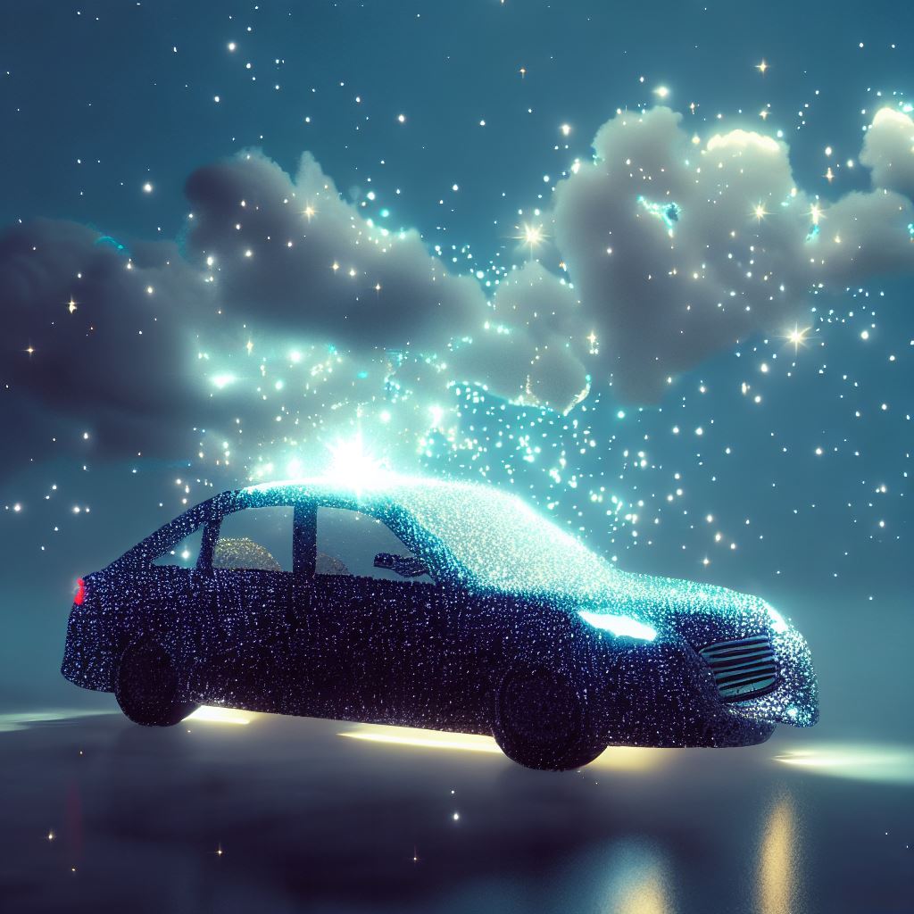 Imagine a car that's made of glittering stars and clouds.