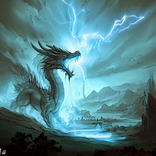 Draw a fantasy landscape featuring a majestic dragon breathing lightning.