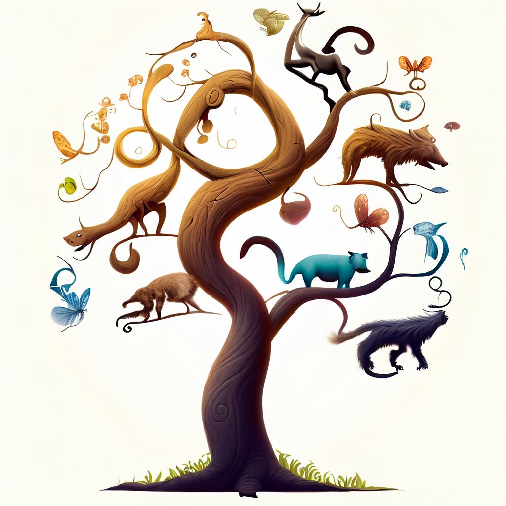 Create a whimsical representation of a tree with various animals evolving and adapting over time.