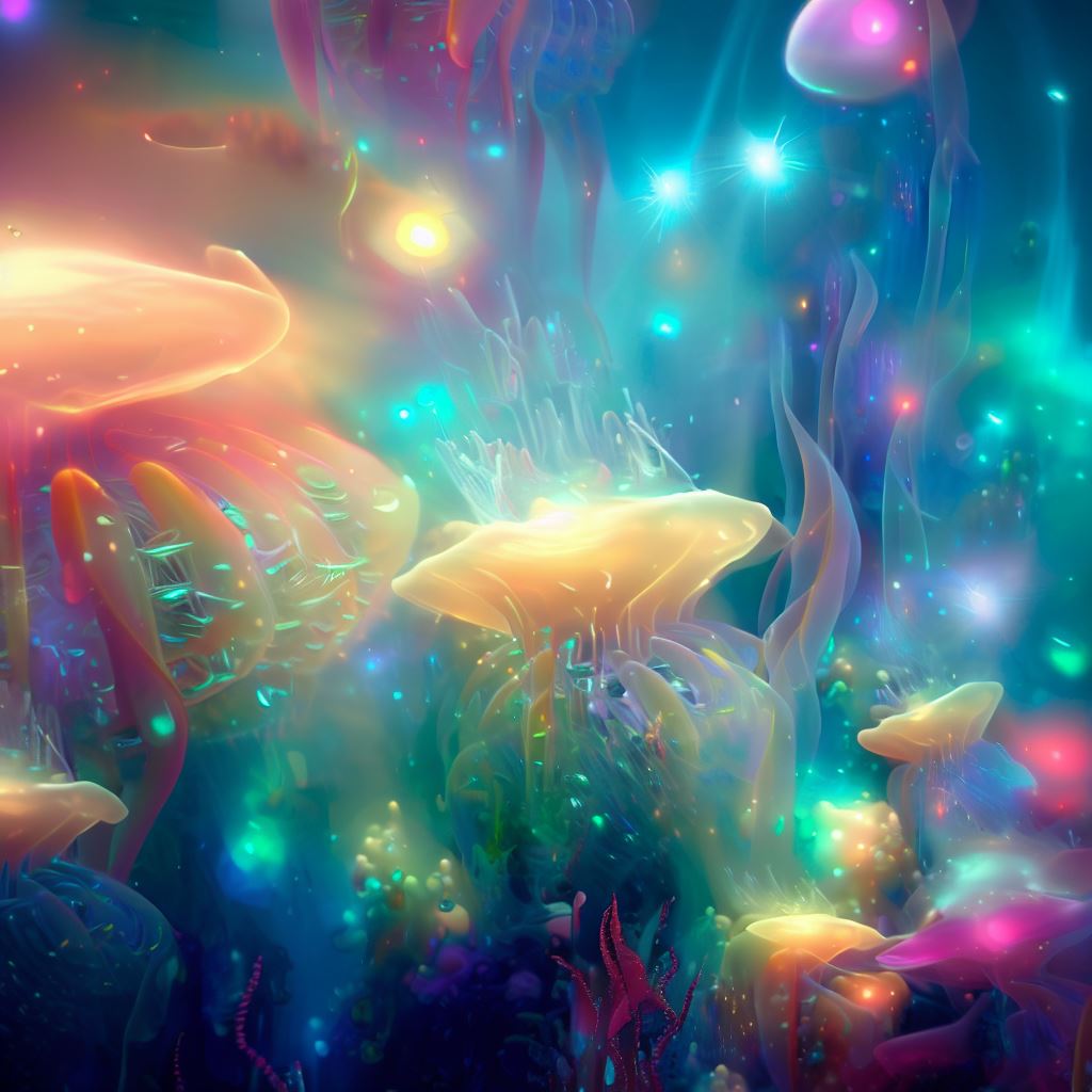 Imagine a surreal and ethereal underwater ecosystem, filled with bright and colorful sea creatures of all shapes and sizes that seem to glow in the ocean's depths.
