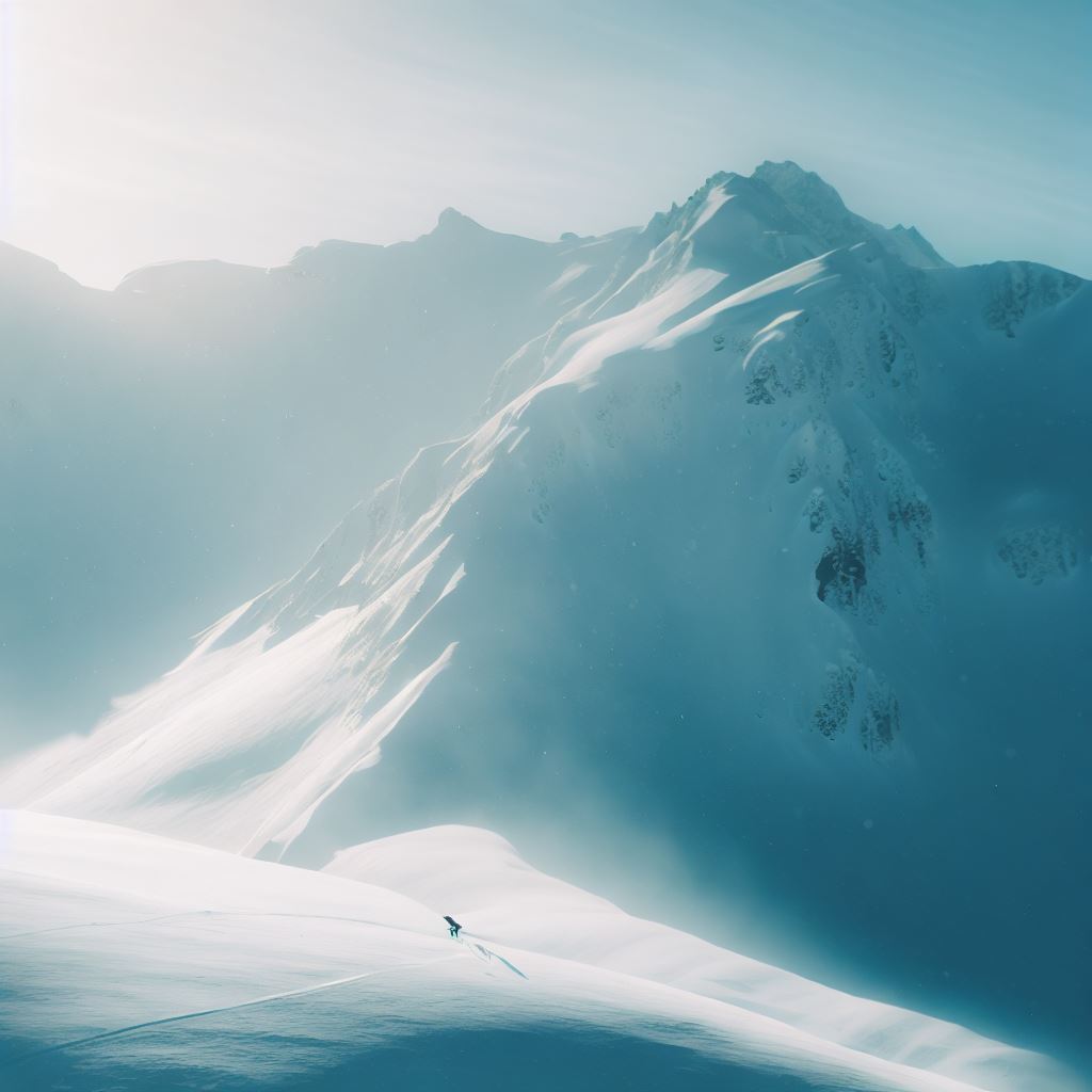 A snowy mountain with a skier running down.