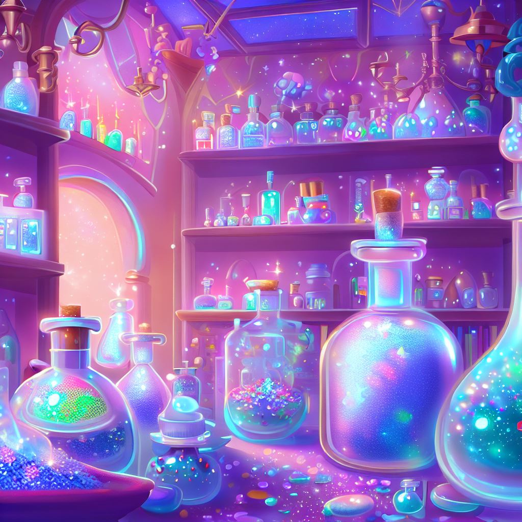 In a world where magic can cure any illness, design an enchanted pharmacy filled with sparkling potions, glittering remedies, and mysterious ingredients.