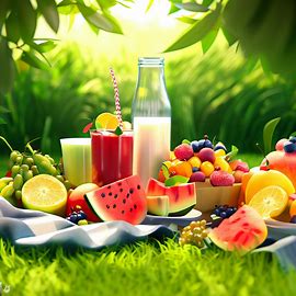 Render a delicious summer picnicking scene with fresh fruit and drinks surrounded by lush green grass.. Image 2 of 4