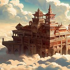 Illustrate a grand and opulent palace floating in the clouds with intricate details and stunning architecture.