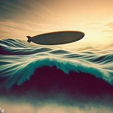 Create a surreal landscape with rolling waves and a surfboard floating in the air.