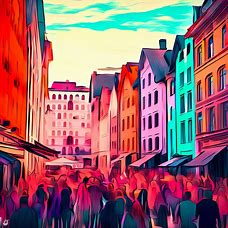 Create a unique and vibrant street scene in the heart of Oslo, Norway, featuring colorful buildings and bustling crowds of people.